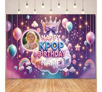 Toile de fond personnalisable avec photo et nom, style chic idole, thème couronne violette pailletée & décoration étoiles, convient pour fête d'anniversaire, événement sur scène, toile de fond et séan