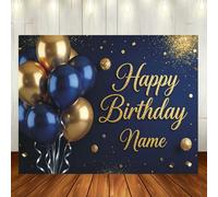 Toile de fond personnalisable "Joyeux Anniversaire" bleue et dorée, avec des ballons bleus et dorés, des paillettes dorées et des confettis; Design de nom personnalisé; Décoration de table de gâteau d