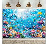 Toile de fond photographique "Paradis sous-marin" - Représentant des tortues de mer, des poissons et des motifs de coraux | Bannière en polyester polyvalente, convenant pour les fêtes d'anniversaire, 