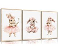 Toile murale 3 pièces - Impressions sur toile de peintures d'animaux pour chambre de bébé fille - Impression sur toile sans cadre - Motif lapin rose - 30,5 x 40,6 cm