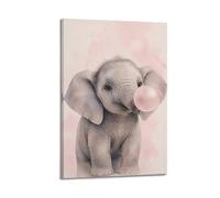 Toile murale aquarelle douce bébé éléphant soufflant rose pastel Bubble Gum, illustration d'animal mignon, décoration murale pour chambre de petite fille, salle de jeux, 61 x 91,4 cm