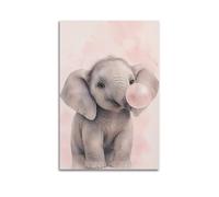 Toile murale aquarelle douce bébé éléphant soufflant rose pastel Bubble Gum, illustration d'animal mignon, décoration murale pour chambre de petite fille, salle de jeux, 61 x 91,4 cm