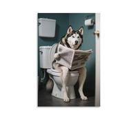 Toile murale avec impression 3D Husky lisant des journaux amusants - Décoration moderne pour salle de bain - 30 x 45 cm