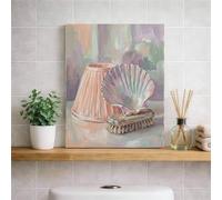 Toile murale coquillage et pinceau - Décoration côtière vert pêche pastel - Décoration d'intérieur esthétique d'été pour salon, chambre à coucher, salle de bain - 20,3 x 25,4 cm