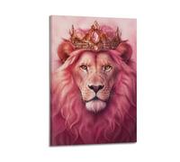 Toile murale de luxe avec lion à crinière rose portant une couronne dorée ornée de bijoux, peinture pastel douce, portrait de la faune sauvage, art glamour royal pour chambre de princesse, salon de