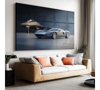 Toile Peinture 120x90cm sans Cadre Affiche Voiture Argentée 3D Avion Chasse Oeuvre Mur Art Photo pour la Maison Salon Chambre Cuisine Tableau Décor Horizontal