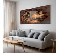 Toile Peinture 70x50cm sans Cadre Affiche 3D Effet Brisé Coucher de soleil Plage Paysage oeuvre Mur Art Photo pour la Maison Salon Chambre Cuisine Peinture sur Toile Horizontal Tableau décor