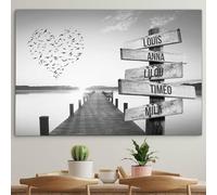 Toile personnalisée avec cadre prénom famille Coeur et ponton coucher de soleil Noir et Blanc tableau … (60 x 40 cm)