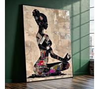 Toile représentant la silhouette d'une femme méditante, tableau mural représentant une posture de yoga, collage technique mixte, décoration spirituelle pour la maison (60 x 80 cm / cadre intérieur)