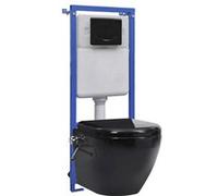 vidaXL WC mural sans rebord – chasse d'eau à encastrer – noir céramique