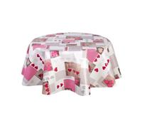 Toilinux.com Nappe Toile Cirée Ronde Imperméable Anti-Taches Ø 150 cm - Motifs Géométriques & Cœurs Rouge - Certifiée Oeko-TEX