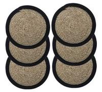 Toilinux - Lot de 6 sets de table rond en roseau et coton Pop - Diam. 38 cm - Noir - Pop Noir G