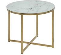 Toilinux - Table à café ronde effet marbre en verre et métal - Diam. 50 cm x H. 42 cm - Doré et blanc - Alysé Blanc G