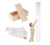 Toise murale robuste pour enfants, double mesure, étanche, en pin naturel et boîte de rangement en bois. Facile à accrocher. Souvenir élégant pour les parents.