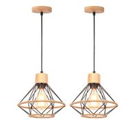 TOKIUS 2 Packs Suspensions Luminaires Vintages Industrielles Lustres Abat-jour en Métal et Corde de Chanvre Ø220mm Plafonnier E27 avec Bois Rétro Pour Salon Cuisine Chambre (C-L-220MM-2)