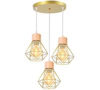 TOKIUS 3 Lampes Suspensions Luminaire Industrielles, Plafonnier E27 Vintage Lustre Doré Salon Lampe Plafond Métal et Bois forme Cage Ø160mm éclairage de Plafond Interieur