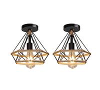 TOKIUS E27 Plafonnier Industrielle, Lustre Suspension Cage en Métal avec Corde de Chanvre 60W Luminaire Vintage Ø25cm DIY Design Noir (2pcs)
