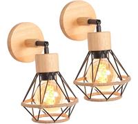 TOKIUS Lot de 2 Appliques Murales Interieurs Vintages Industrielles Plafonniers Luminaires E27 en Métal Lampe Murale Chanvre Corde Rétro Réglable 180° éclairage Mural Cuisine Salon (N-Bois-2)