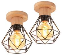 TOKIUS Suspension Luminaire Vintage Industrielle Lustre Abat-jour en Métal et Bois Ø160mm Plafonnier E27 avec Bois Rétro Pour Salon Cuisine Chambre (Plafonnier-2pcs)