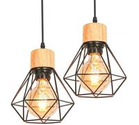 TOKIUS Suspension Luminaire Vintage Industrielle Lustre Abat-jour en Métal et Bois Ø160mm Plafonnier E27 avec Bois Rétro Pour Salon Cuisine Chambre (2pcs)