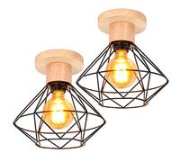 TOKIUS Suspension Luminaire Vintage Industrielle Lustre Abat-jour en Métal et Bois Ø160mm Plafonnier E27 avec Bois Rétro Pour Salon Cuisine Chambre (P-220mm-2pcs)