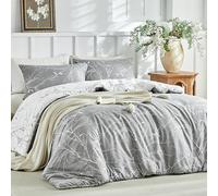 Tokokimo Housse de Couette 140x200 avec 1 Taies d'oreiller 65x65 cm - Motif de Branche Réversible - Parure de lit 140x200 cm - 100% Microfibre Parure Couette avec Fermetures éclair, Gris Blanc