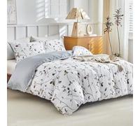Tokokimo Housse de Couette 220x240 avec 2 Taies d'oreiller 65x65 cm - Motifs de Branches et de Feuilles - Parure de lit 220x240 Adulte - 100% Microfibre Parure Couette Fermetures éclair, Blanc Gris