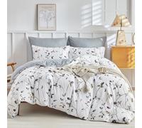 Tokokimo Parure de lit 3 pièces avec housse de couette de 200 x 200 cm et 2 taies d'oreiller de 80 x 80 cm à fermeture Éclair, motif branche florale, blanc/gris