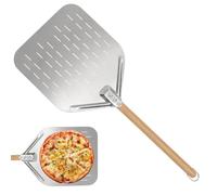 TOKSEO Pelle à pizza perforée - 39 cm x 30,5 cm x 1 mm - En acier inoxydable - Poignée en bois amovible - Design ajouré