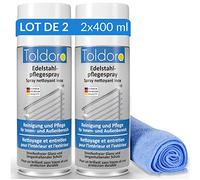 Toldoro® 2x Nettoyant inox professionnel 400ml + 1x Chiffon en microfibres 40x40cm / Vaporisateur comme degraissant barbecue ou nettoyant inox Cuisine/Produit inox nettoyage