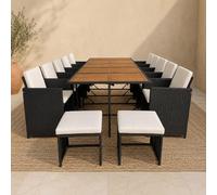 Concept Usine Salon de jardin Toledo 14 pl acacia résine tressée noir coussins beige housse incluse