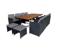CONCEPT USINE Salon de Jardin Encastrable Toledo 12 Places Noir et Gris | 8 fauteuils dossiers rabattables et 4 poufs, plateau bois d'acacia
