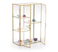TOLIDA Armoire de rangement en verre et laiton doré avec double portes et serrure - 5 emplacements de rangement de table, présentoir de figurines, boîte tour décorative pour pierres précieuses,