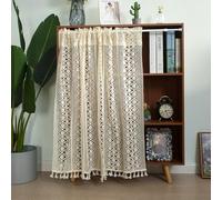 Tolldek Rideau brise-bise - Style bohème vintage - Motif floral bohème - Avec pompon - Court - Semi-transparent - En polyester et coton - 90 x 100 cm (H x l)