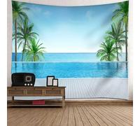 Tolldek Tapisserie murale, arbre de coco, bord de mer, piscine, tapisserie murale, paysage, tissu en polyester naturel, pour chambre, dortoir, bleu vert, 150 x 130 cm
