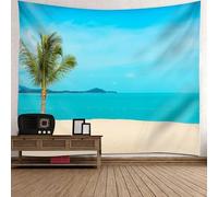 Tolldek Tapisserie murale, arbre de coco, plage, mer, tapisserie murale en polyester naturel, accessoires pour salon, bleu, vert, beige, 210 x 140 cm