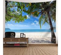 Tolldek Tapisserie murale bleue, beige, vert, noix de coco, plage, mer, paysage naturel, tapisserie murale en polyester, décoration murale pour salon, dortoir, 150 x 150 cm