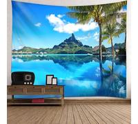 Tolldek Tapisserie murale bleue et verte en noix de coco, montagne, mer, paysage naturel, tapisserie murale en polyester pour dortoir, 200 x 200 cm