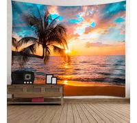 Tolldek Tapisserie murale, motif arbre de noix de coco, mer, coucher de soleil, tapisserie murale paysage, nature, polyester, tapisserie pour nappe, décoration de chambre à coucher, multicolore, 240 x