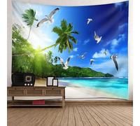 Tolldek Tapisserie murale mouette, noix de coco, rive de mer, paysage naturel, tapisserie murale en polyester, pour salon, chambre d'enfant, bleu vert, 200 x 200 cm