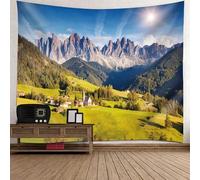 Tolldek Tapisserie murale paysage nature 350 x 256 cm, village montagne, bleu vert, tapisserie décoration de maison pour nappe de salon, chambre à coucher décor
