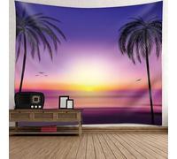 Tolldek Tapisserie murale paysage naturel, plage, mer, noix de coco, coucher de soleil, tissu mural en polyester pour décoration murale de salon, bleu, violet, jaune, 240 x 220 cm