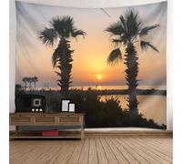 Tolldek Tapisserie murale paysage naturel, tapisserie en noix de coco, bord de mer, coucher de soleil, tapisserie en polyester pour nappe, décoration de salon, jaune, gris, noir, 150 x 130 cm