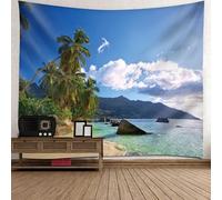Tolldek Tapisserie murale paysage naturel, tapisserie en noix de coco, montagne, mer, tenture murale en polyester pour salon, décoration d'intérieur, bleu, vert, blanc, 150 x 150 cm