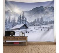 Tolldek Tapisserie murale paysage naturel, tenture murale, chalet, forêt, montagne, neige, décoration murale en polyester, décoration d'intérieur pour nappe, décoration de chambre à coucher, blanc