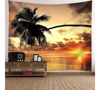 Tolldek Tapisserie paysage naturel, tapisserie murale en noix de coco, plage, mer, coucher de soleil, tenture murale, tissu en polyester pour chambre à coucher, salon, jaune noir, 200 x 200 cm