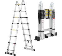 TolleTour Échelle télescopique Alu léger Antidérapant 2,5m+2,5m Argent Escabeau multifonctionnel Échelle multi-usage Échelle extensible 15 marches Escabeau en aluminium de haute qualité Capacité de ch