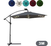 TolleTour Parasol à pied déporté 300 cm Éclairage LED et manivelle - Protection UV, hydrofuge, pliable - Parasol de marché - Gris