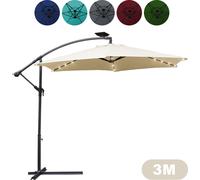 TolleTour Parasol à pied déporté 300 cm Éclairage LED et manivelle – Protection UV, hydrofuge, pliable – Parasol de marché – Beige