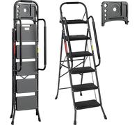 TolleTour pliable Escabeau Escabeau 5 marches Pédale antidérapante Escabeau pliable Tabouret marchepied Escabeau pliant jusqu'à 150kg Accoudoirs amovibles Acier